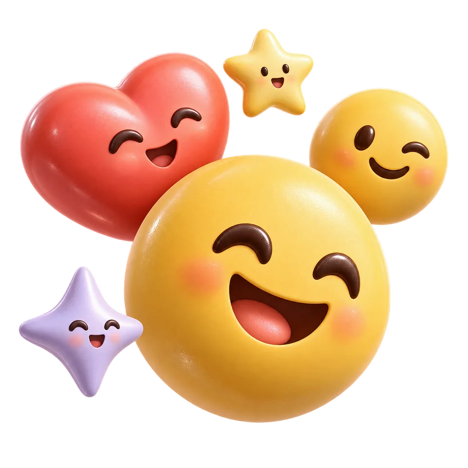 Emoji Directory illustration: a 3D smiling emoji, winking emoji, red heart, lilac sparkle and yellow star
